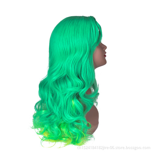 long loose wave machine made green synthetic wig in stock
